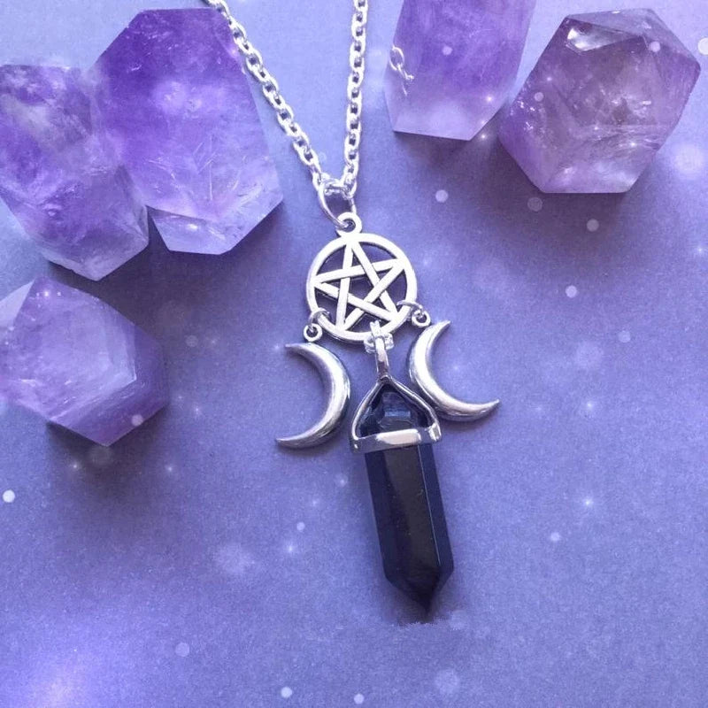 Triple Moon Pendant Necklace Wiccan Witchcraft Women’s Black Pentacle
