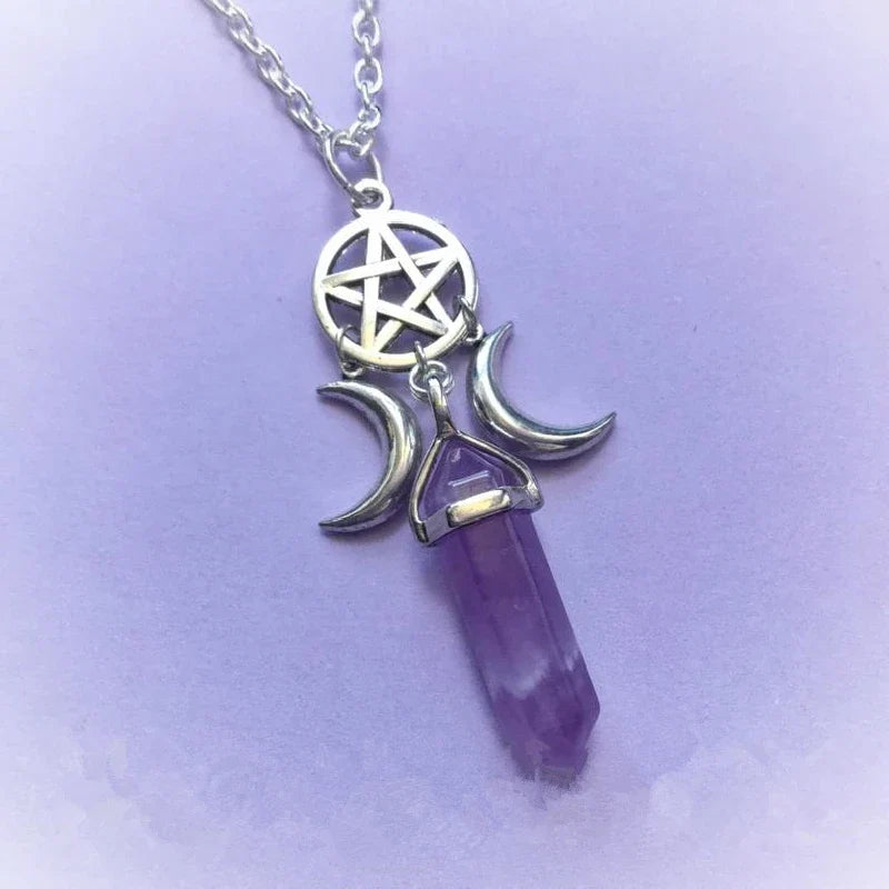 Triple Moon Pendant Necklace Wiccan Witchcraft Women’s Purple Pentacle