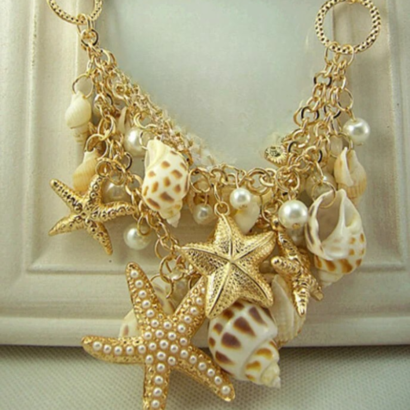 Shell, Starfish, Conch and Pearl Pendant Necklace