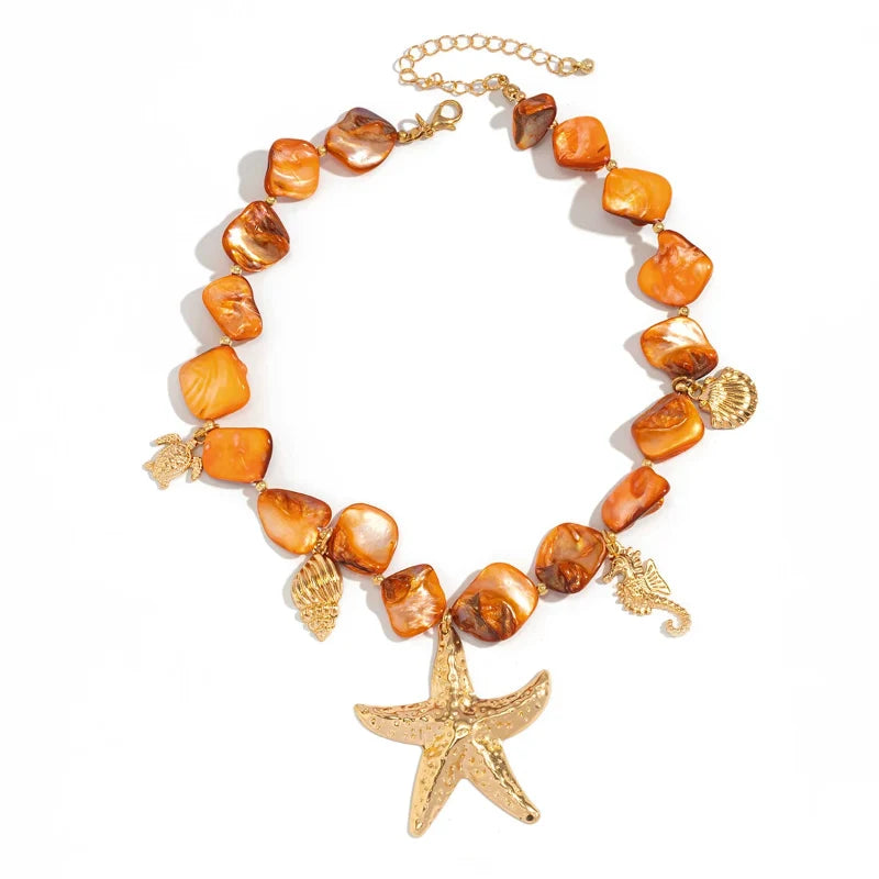 Collier Ras de Cou avec Pendentifs Coquillages Etoile de Mer orange