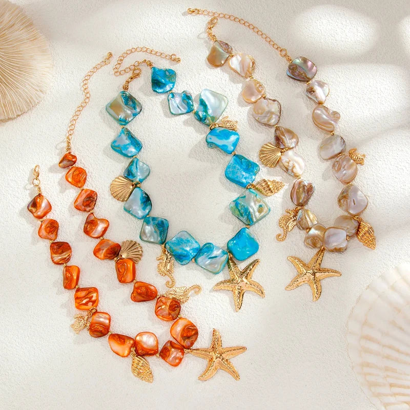 Collier Ras de Cou avec Pendentifs Coquillages Etoile de Mer bleu