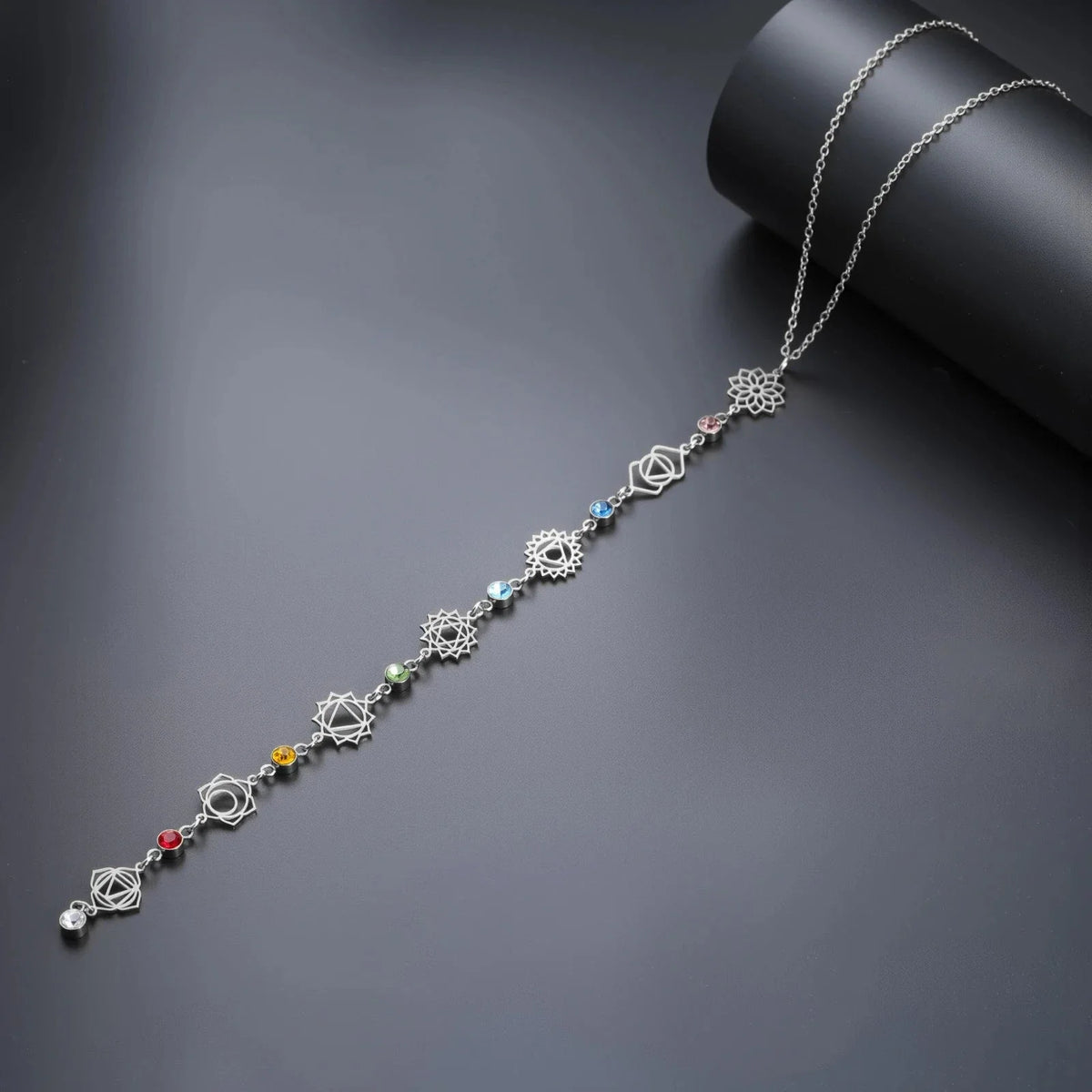 7 Chakras Zircon Stone Pendant Choker Necklace in Silver
