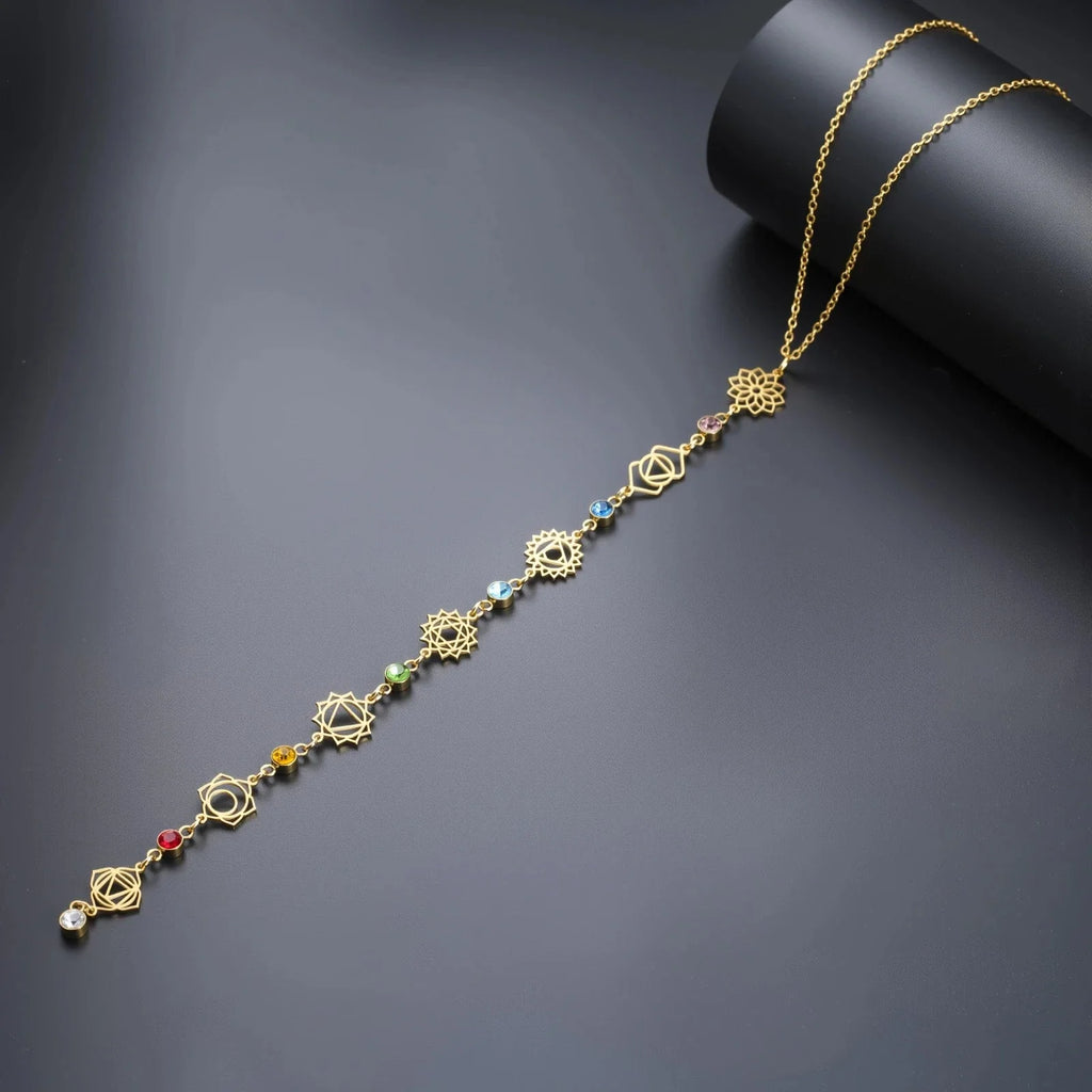 7 Chakras Zircon Stone Pendant Choker Necklace in Gold