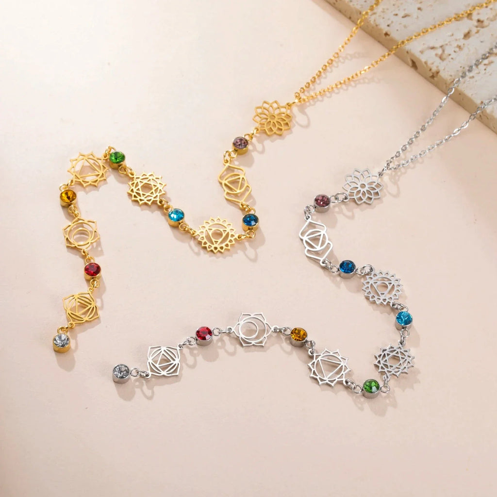 7 Chakras Zircon Stone Pendant Choker Necklace in Gold