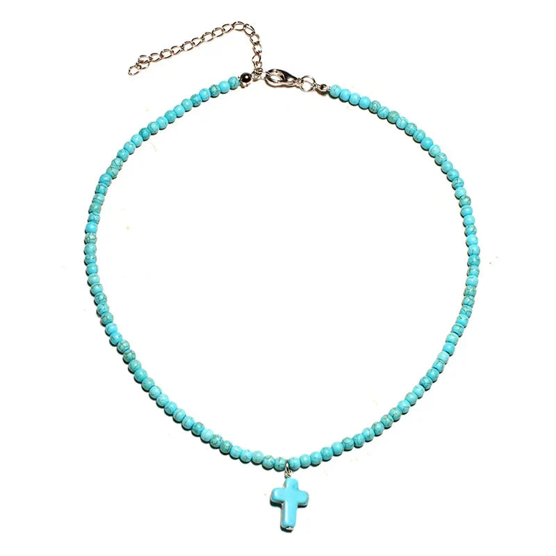 Natural Stone Cross Pendant Choker Necklace for Women Blue