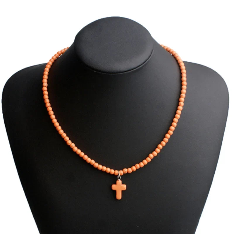 Natural Stone Cross Pendant Choker Necklace for Women Orange