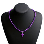 Natural Stone Cross Pendant Choker Necklace for Women Purple