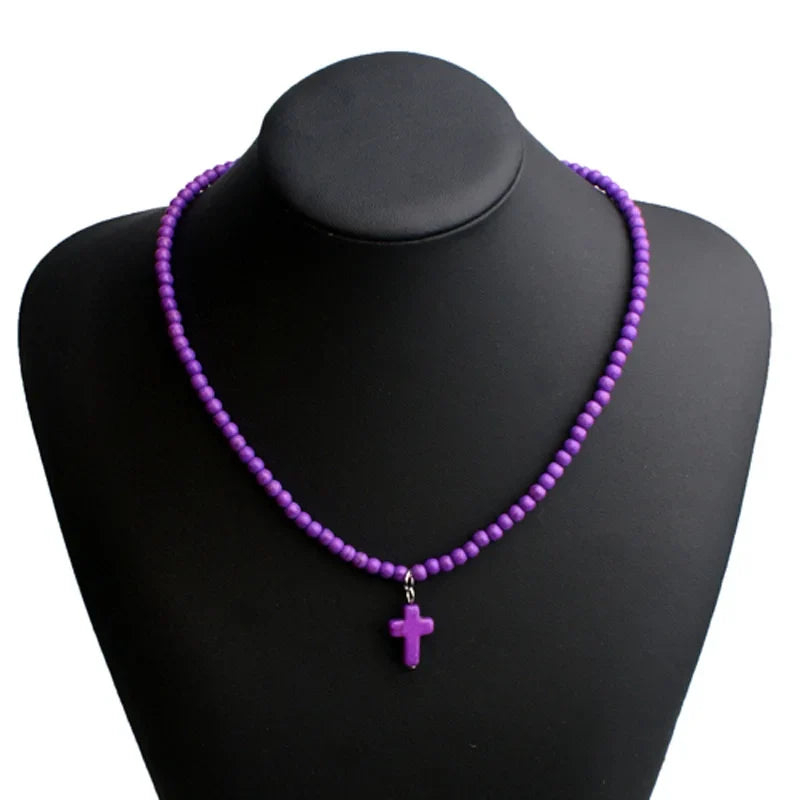 Natural Stone Cross Pendant Choker Necklace for Women Purple
