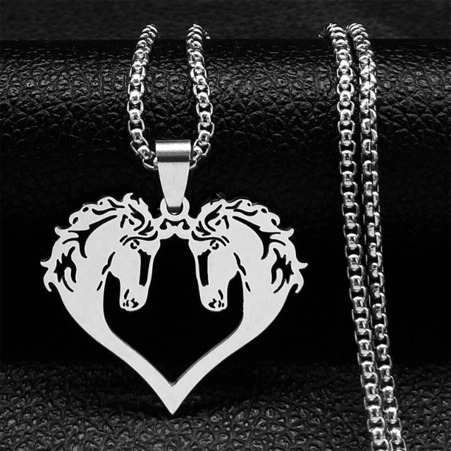 Horse Head Pendant Necklace for Women and Girls, Double Silver Horse