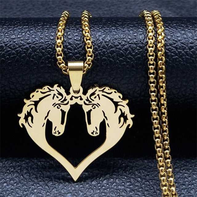 Horse Head Pendant Necklace for Women and Girls, Double Gold Horse