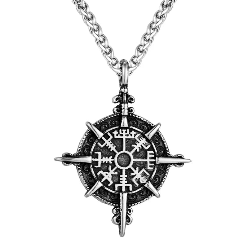 Viking Necklace with Vegvisir Compass Pendant in Silver