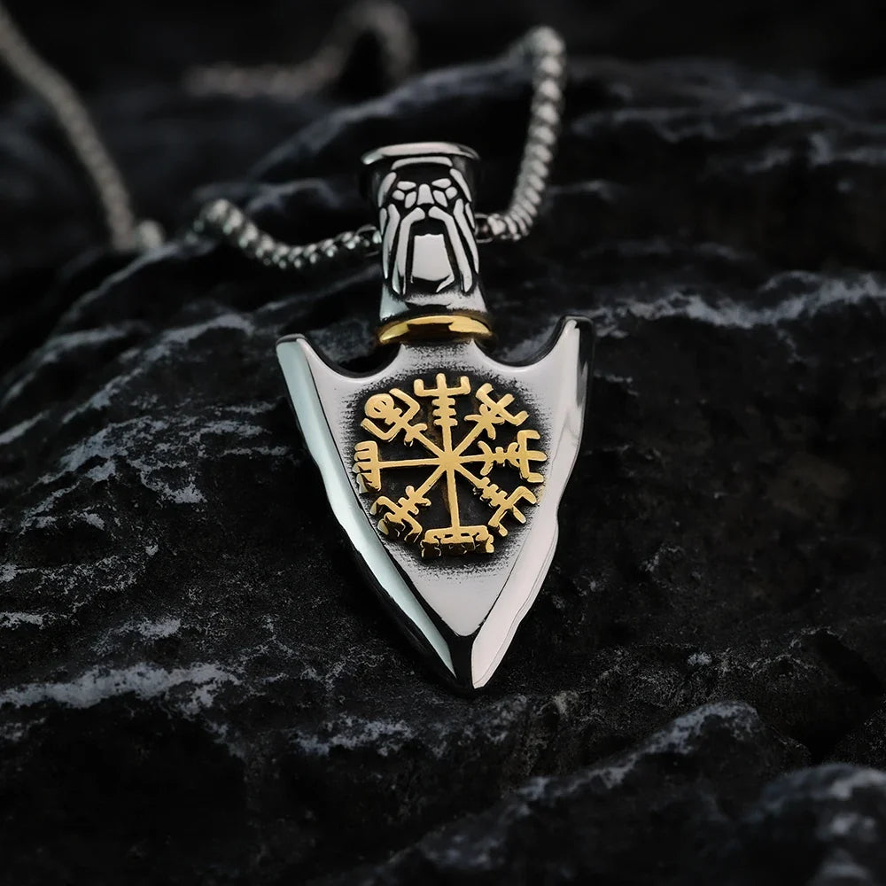 Viking Necklace with Vegvisir Arrow Pendant in Gold