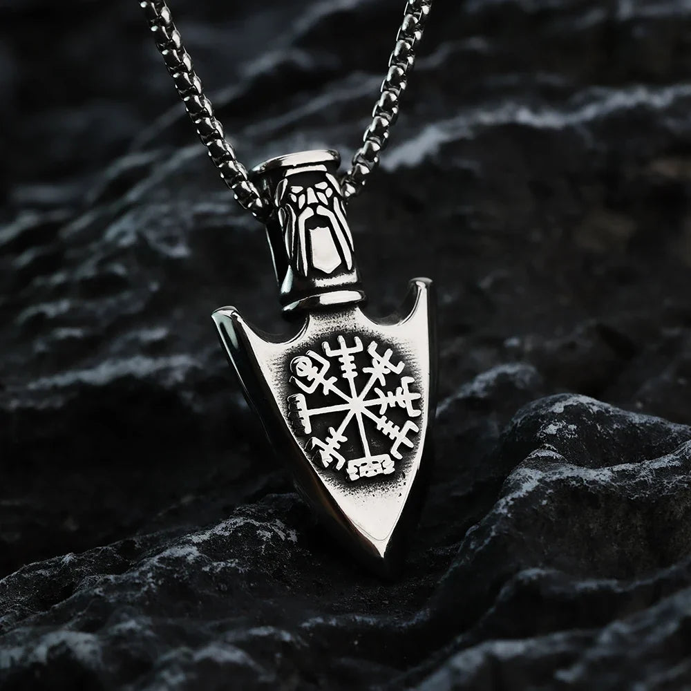 Viking Necklace with Vegvisir Arrow Pendant in Silver
