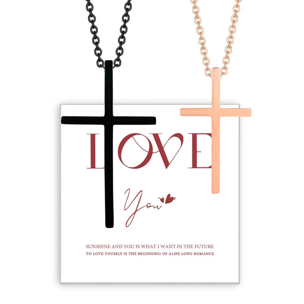 Couple Necklaces with Black and Rose Gold Cross Pendant