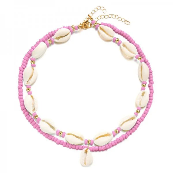 Double cowrie shell necklace, pink