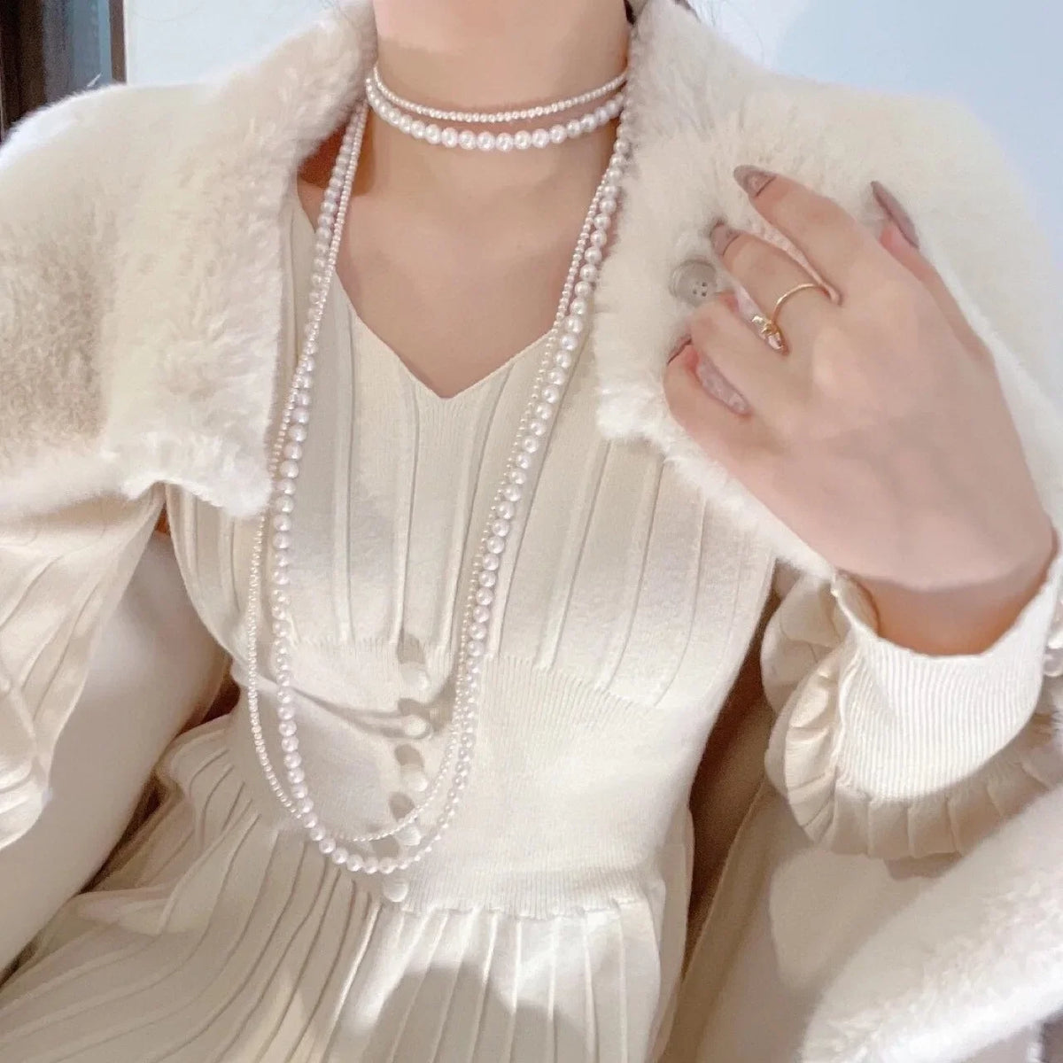 Long Double Women’s Necklace with White Pearls