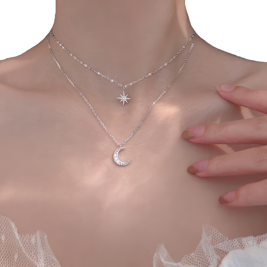 Double Collier Pendentif Lune et Etoile pour Femme