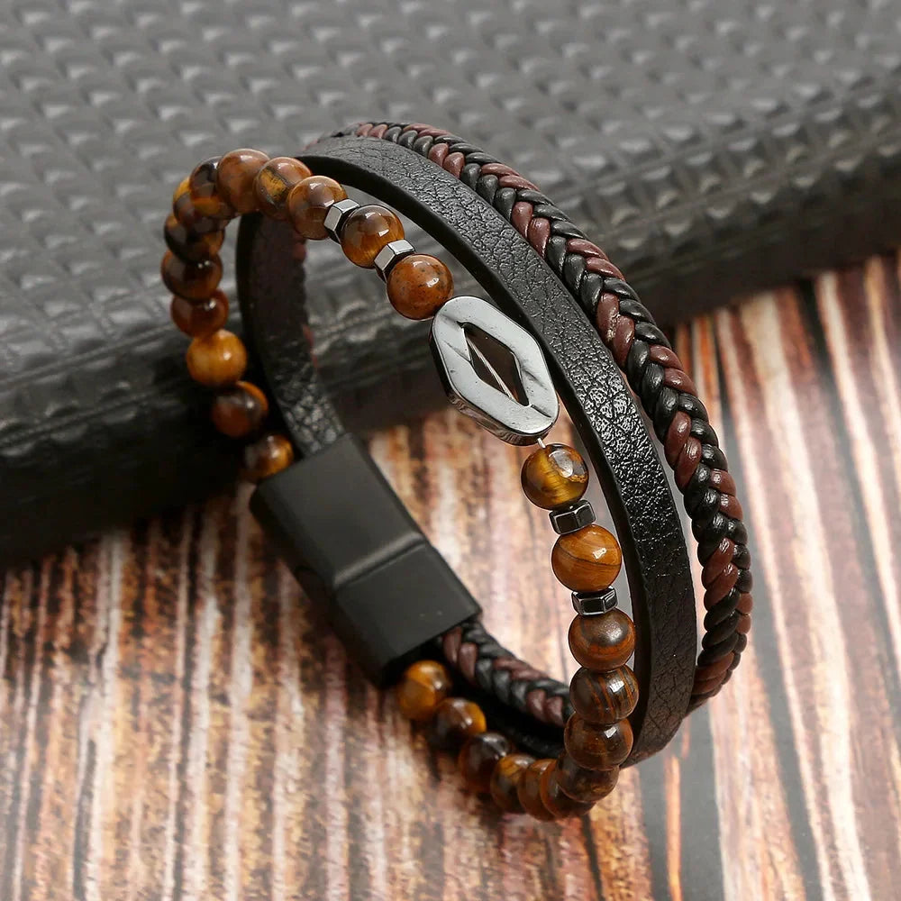 Men’s Tiger’s Eye Cuban Bracelet in Brown Leather and Metal