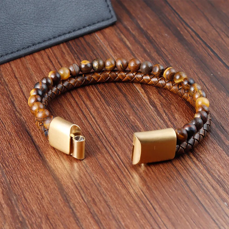 Tiger's Eye ID Bracelet in Leather & Stones
