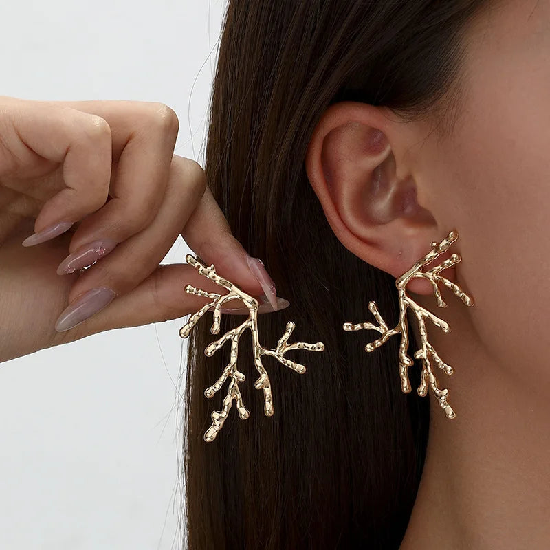 Large coral earrings for women, gold