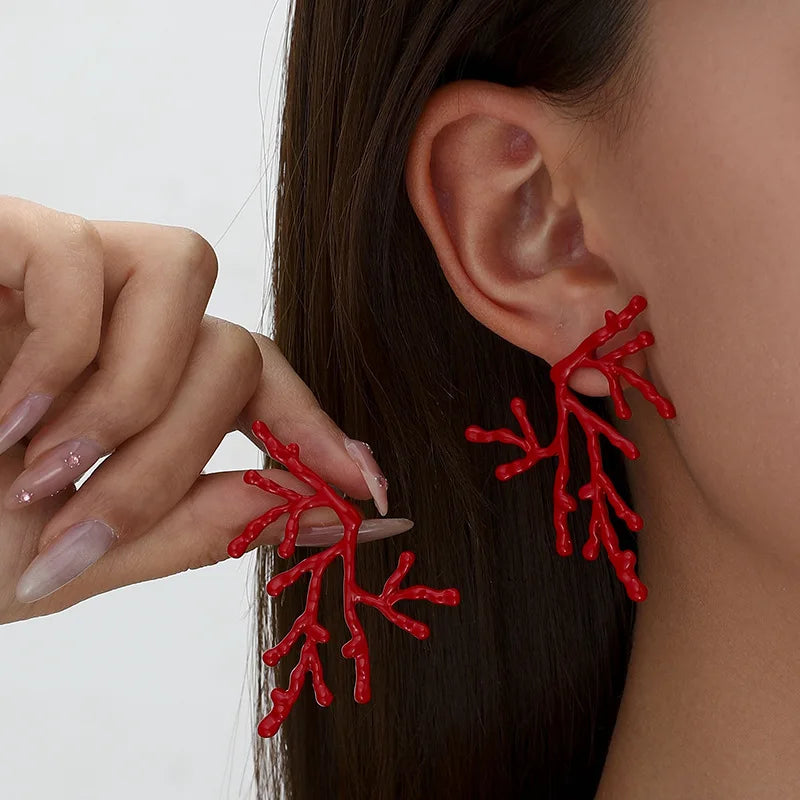 Large coral earrings for women, red