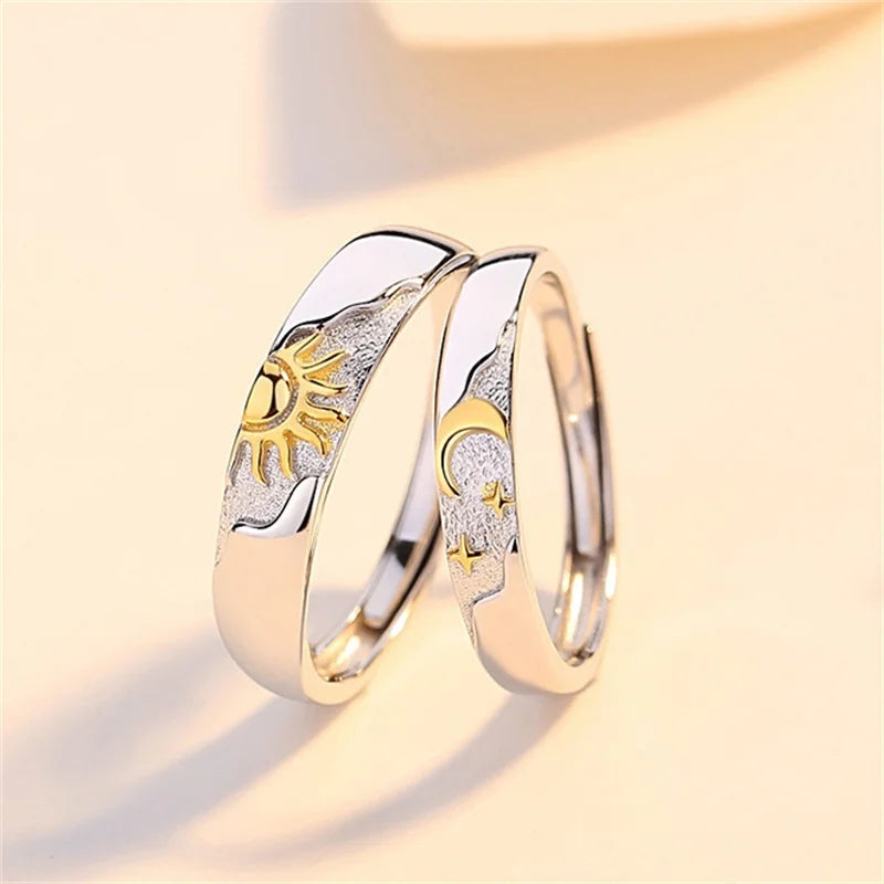 Set of 2 Couple Rings, Moon and Sun Zircon Band