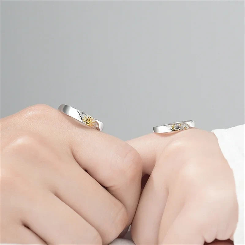 Set of 2 Couple Rings, Moon and Sun Zircon Band