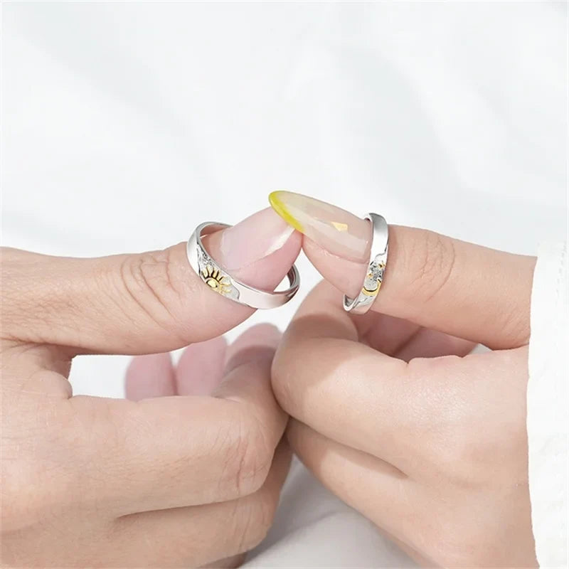 Set of 2 Couple Rings, Moon and Sun Zircon Band