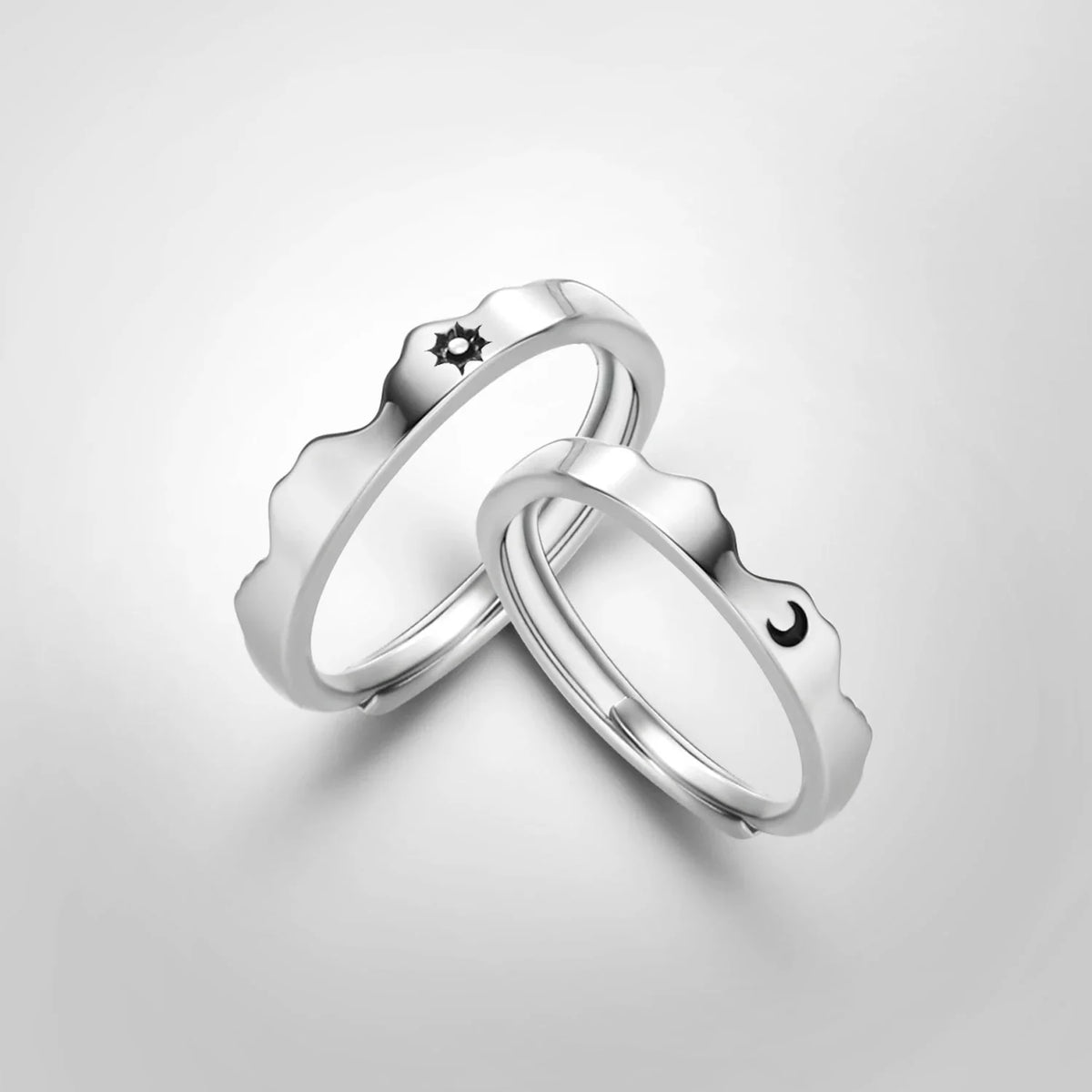 Set of 2 Couple Rings, Romantic Sun and Moon Band