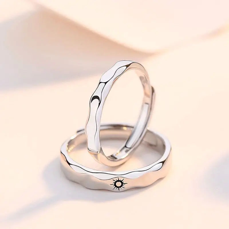Set of 2 Couple Rings, Romantic Sun and Moon Band