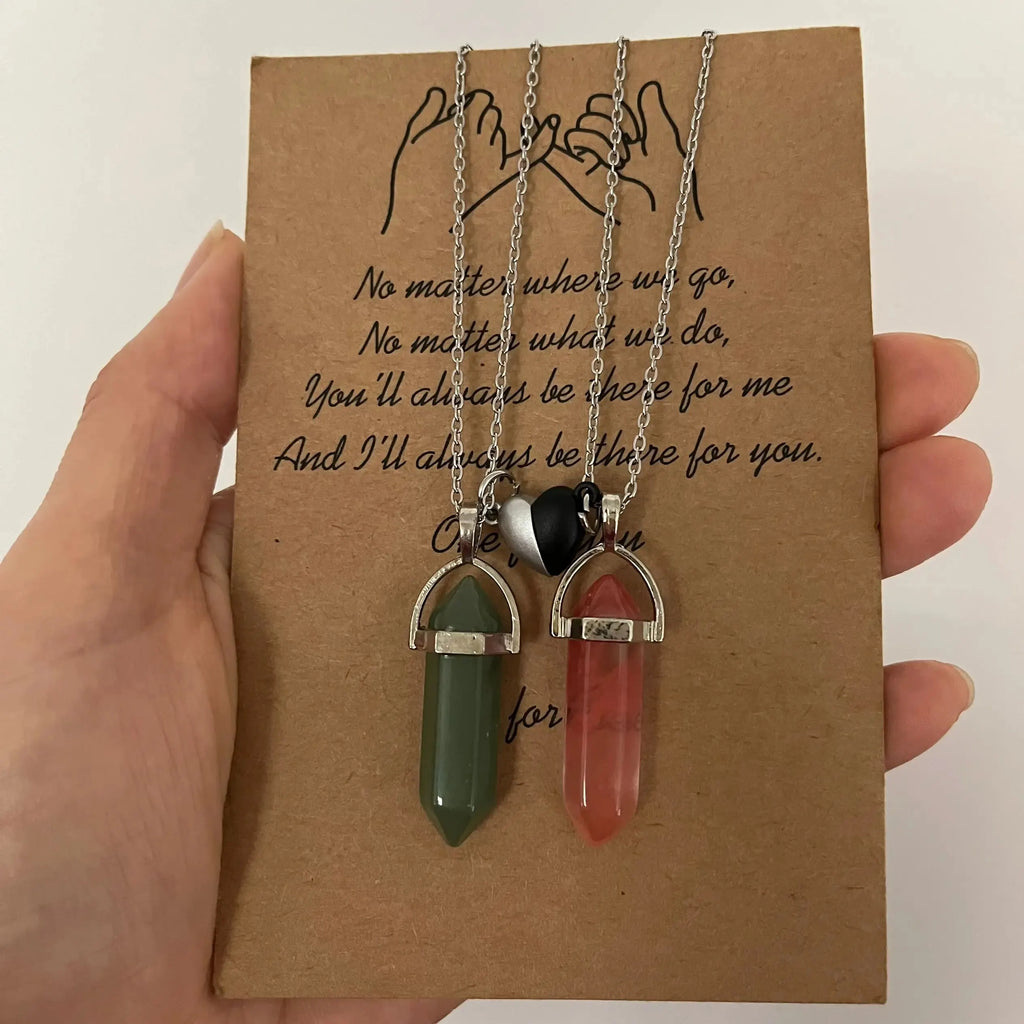 Set of 2 Stone Pendant Necklaces for Couples, Pink and Green
