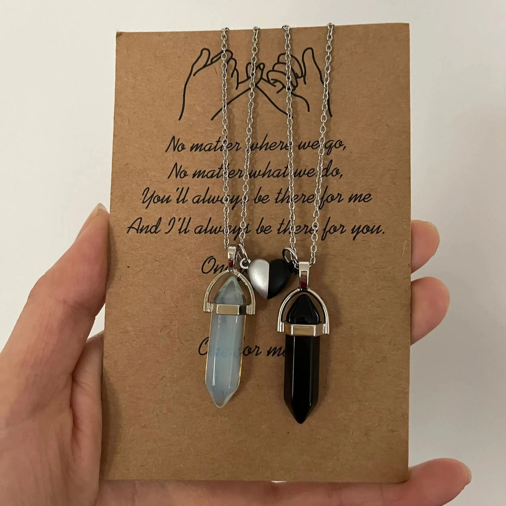 Set of 2 Stone Pendant Necklaces for Couples, White and Black 1
