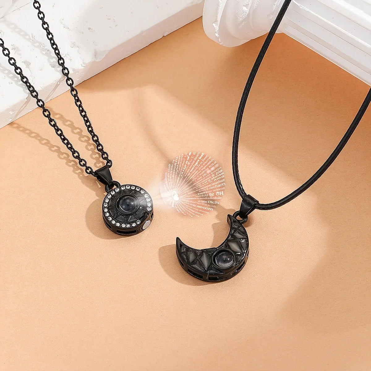 Set of 2 Necklaces with Glowing Moon or Sun Pendant for Couples
