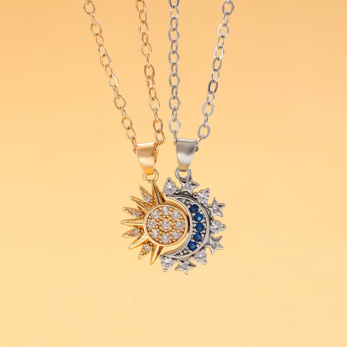 Set of 2 Necklaces with Moon or Sun Zircon Pendant for Couples in Gold and Silver