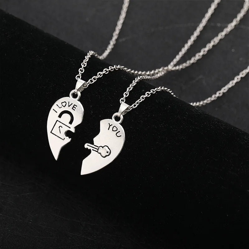 Set of 2 Necklaces with Half-Heart "I Love You" Pendants for Couples