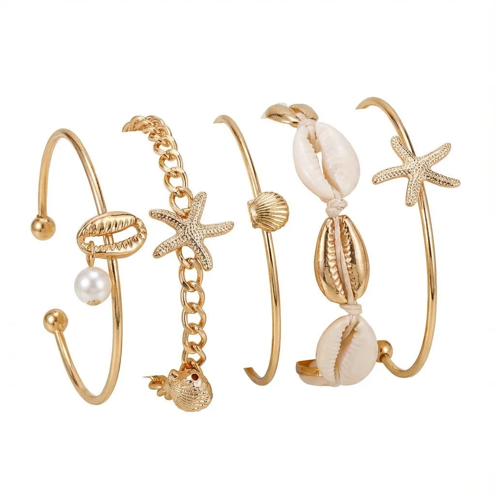 Set of 5 gold shell and star bracelets